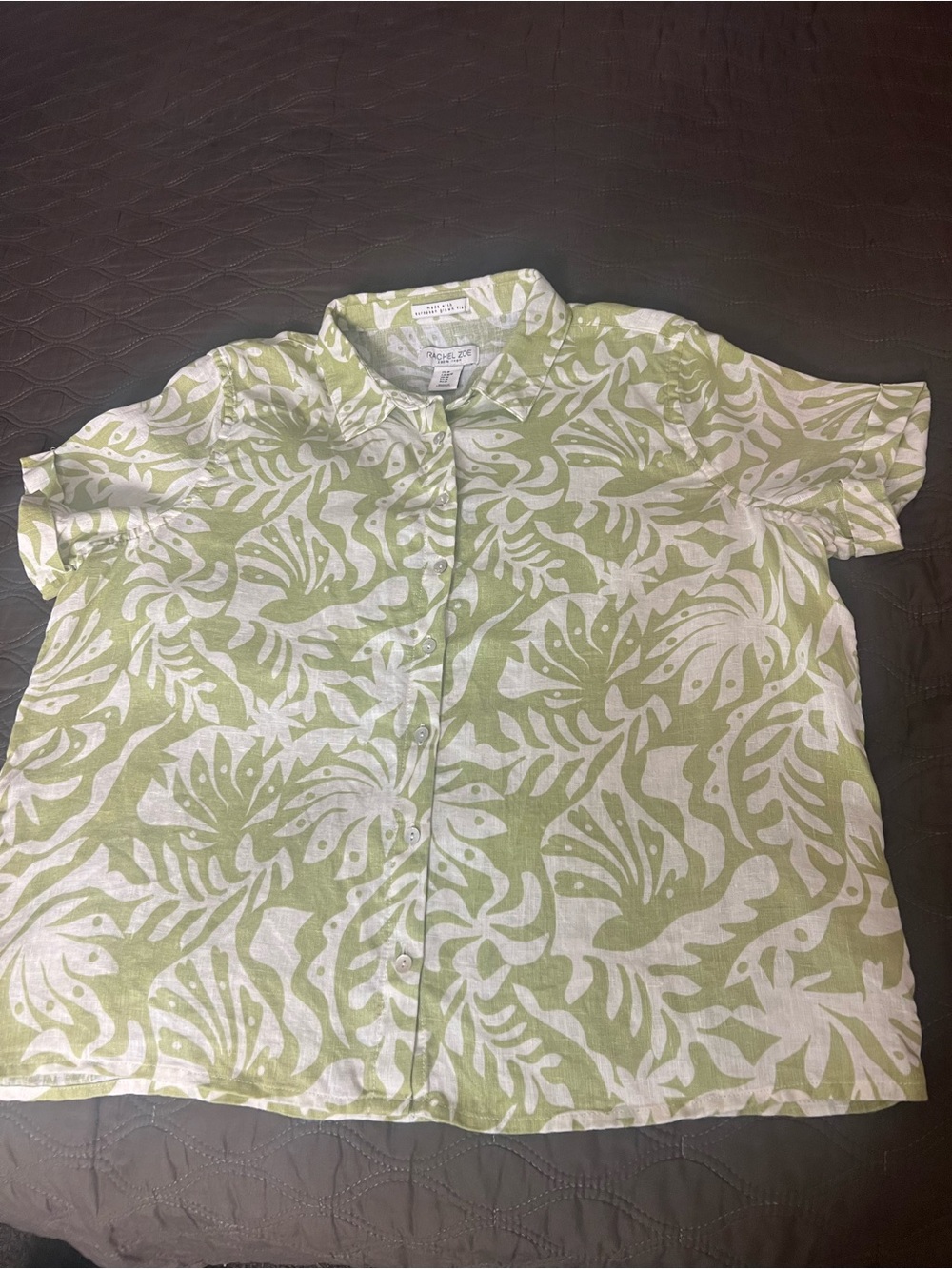 Rachel Zoe White & Light Green Linen Button-Front Shirt